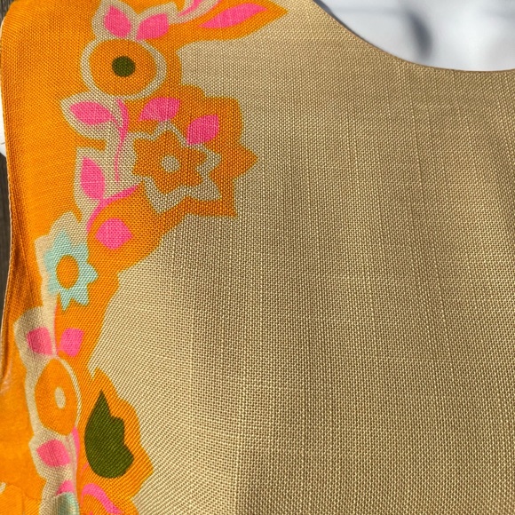 Vintage 60s Mod Floral Woven Shift Sheath Dress Tan Orange Green Pink - Picture 5 of 16